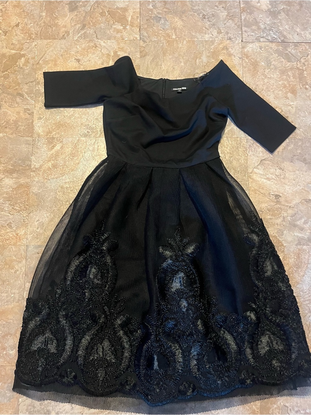 Gianni Bini Black Embroidered Tulle Fit-and-Flare Dress